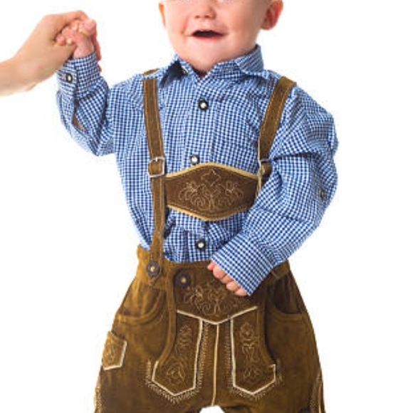 Brown Lederhosen with Blue Checkered Shirt for Kids Size 3-5 - Picture 1 of 8